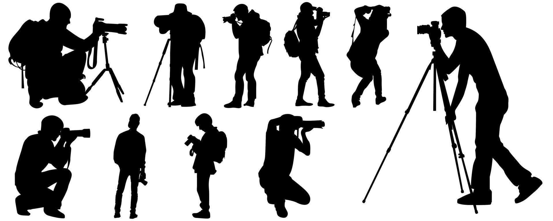 photographer silhouette vector collection. paparazzi, photography, vector, studio, camera, people, illustration, white
