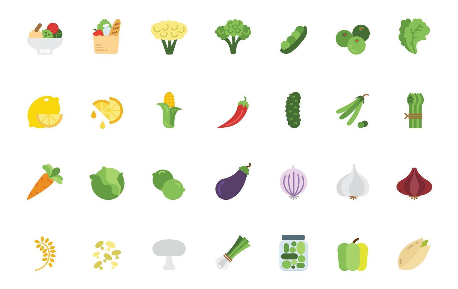 Vegetables Flat Icon Set, include Salad, Peas, pepper, lime, lemon, Onion, Pickles, groceries, broccoli, cabbage, corn and cucumber and carrot and chives, chili Vector Eps File