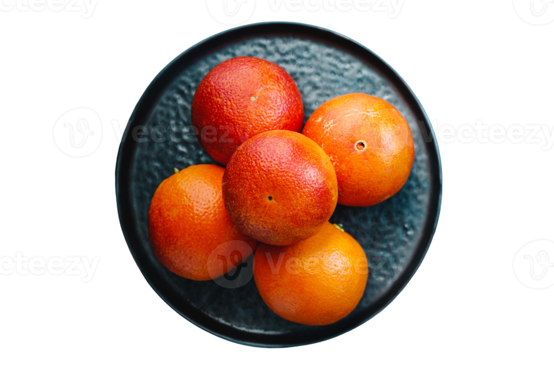 Black plate with grapefruits isolated on a transparent background