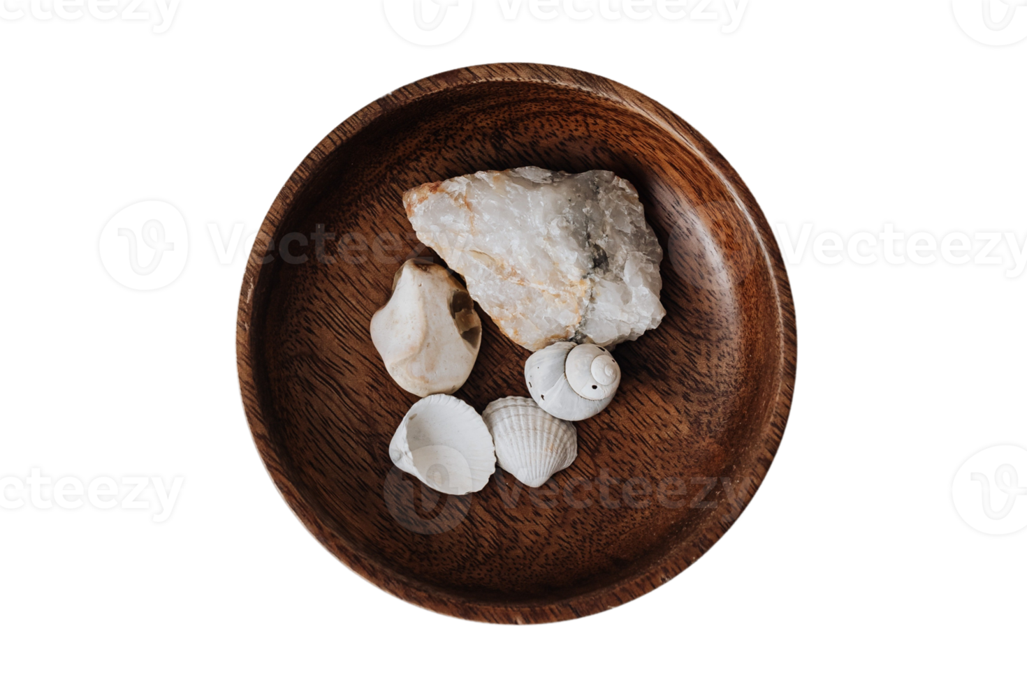 Brown wooden bowl with stone and sea shells isolated on a transparent background png