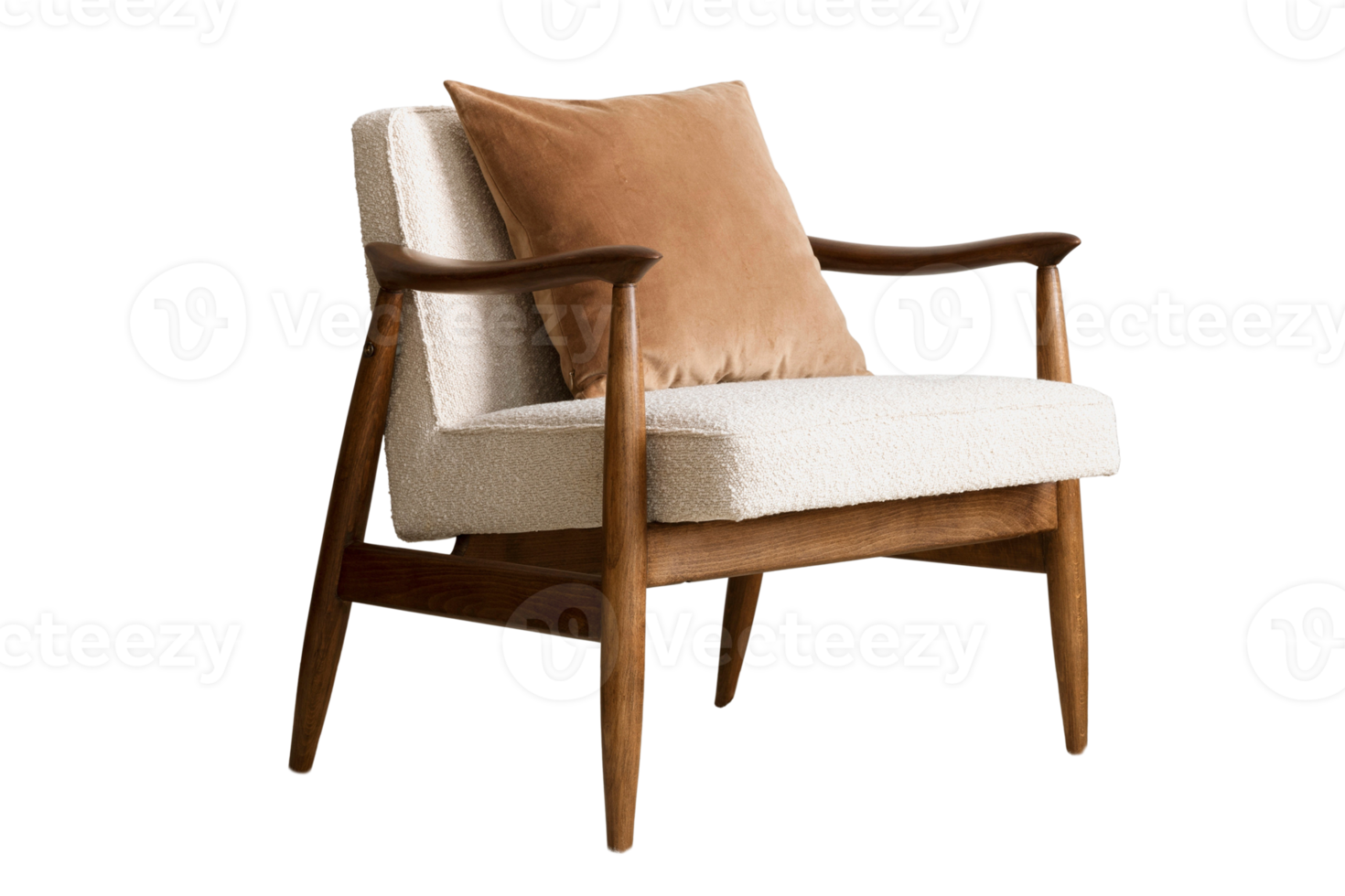 White chair with wooden legs and brown cushion isolated on a transparent background png