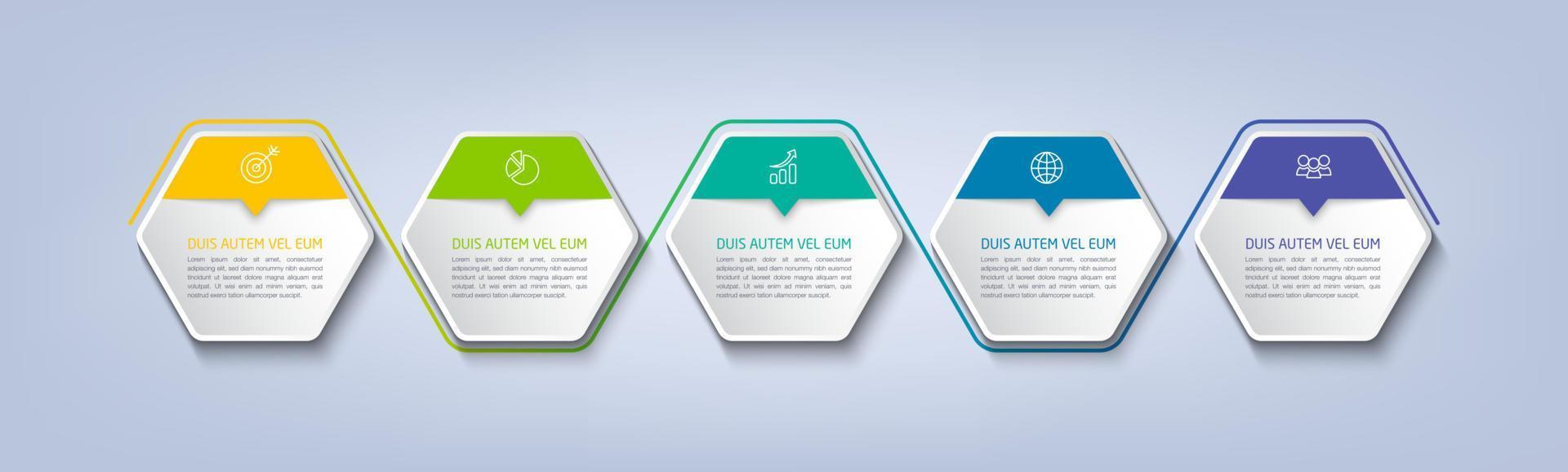 Business infographic template with step or option design. Infographics five options. Diagram with hexagons. Vector design.