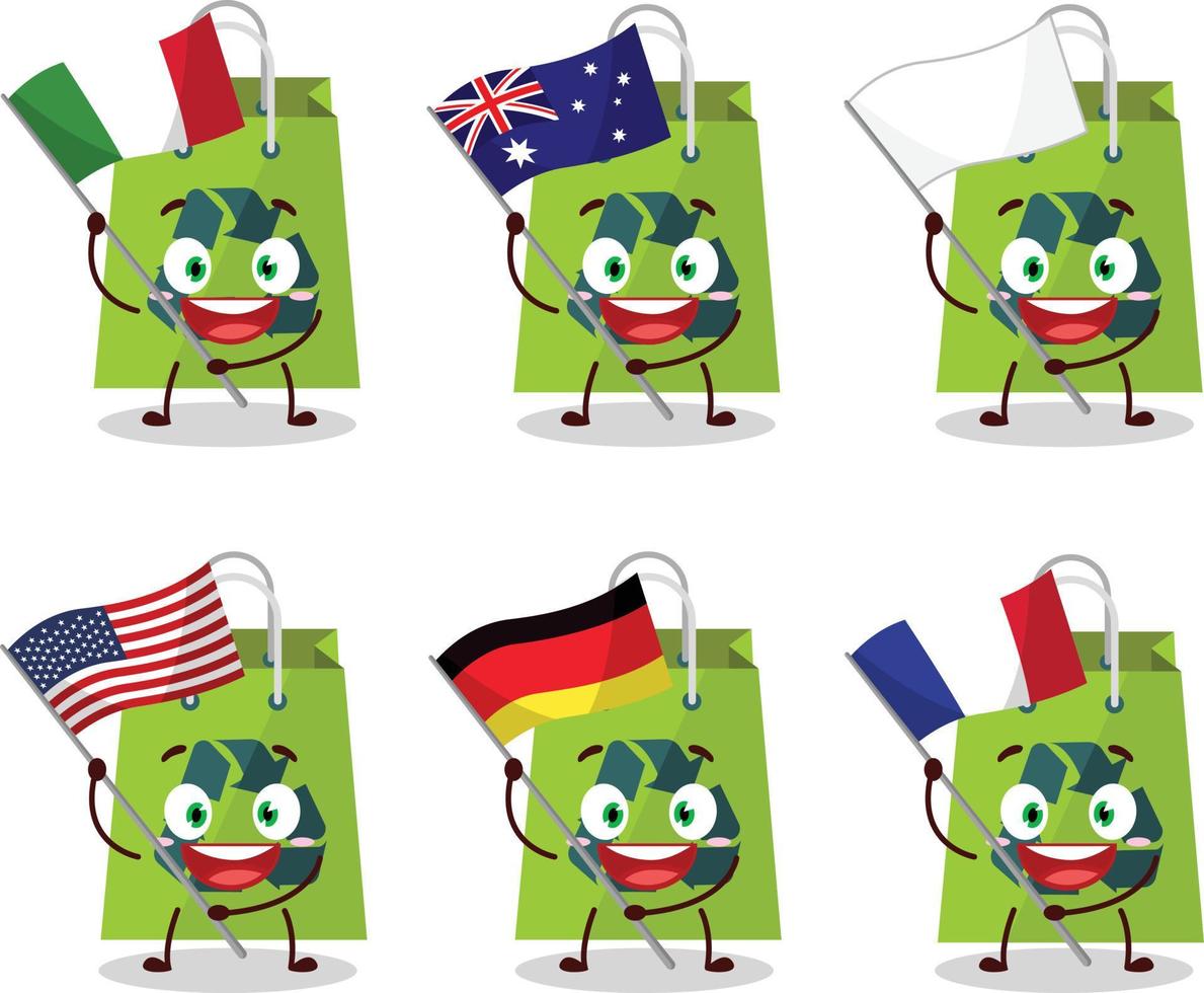 reciclar bolso dibujos animados personaje traer el banderas de varios países vector