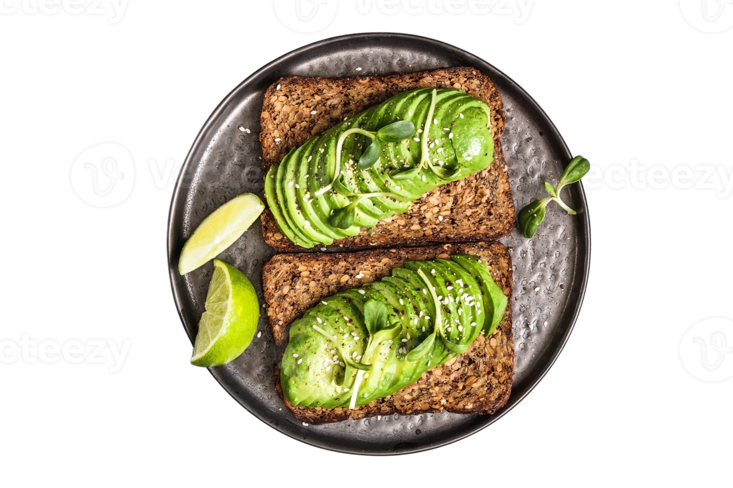 Black plate with toast and avocado slices isolated on a transparent background png