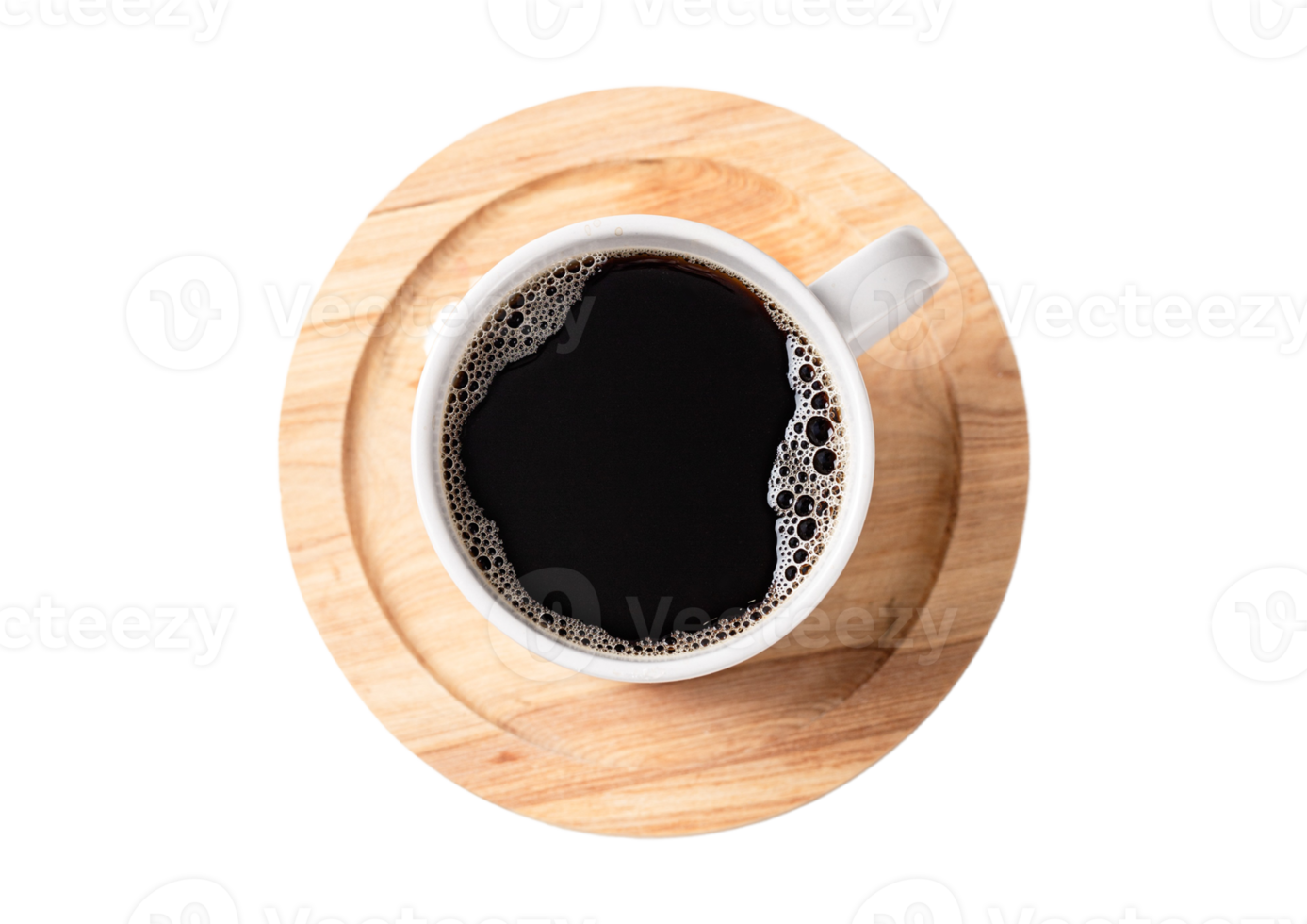 Wooden plate and white cup of coffee isolated on a transparent background png