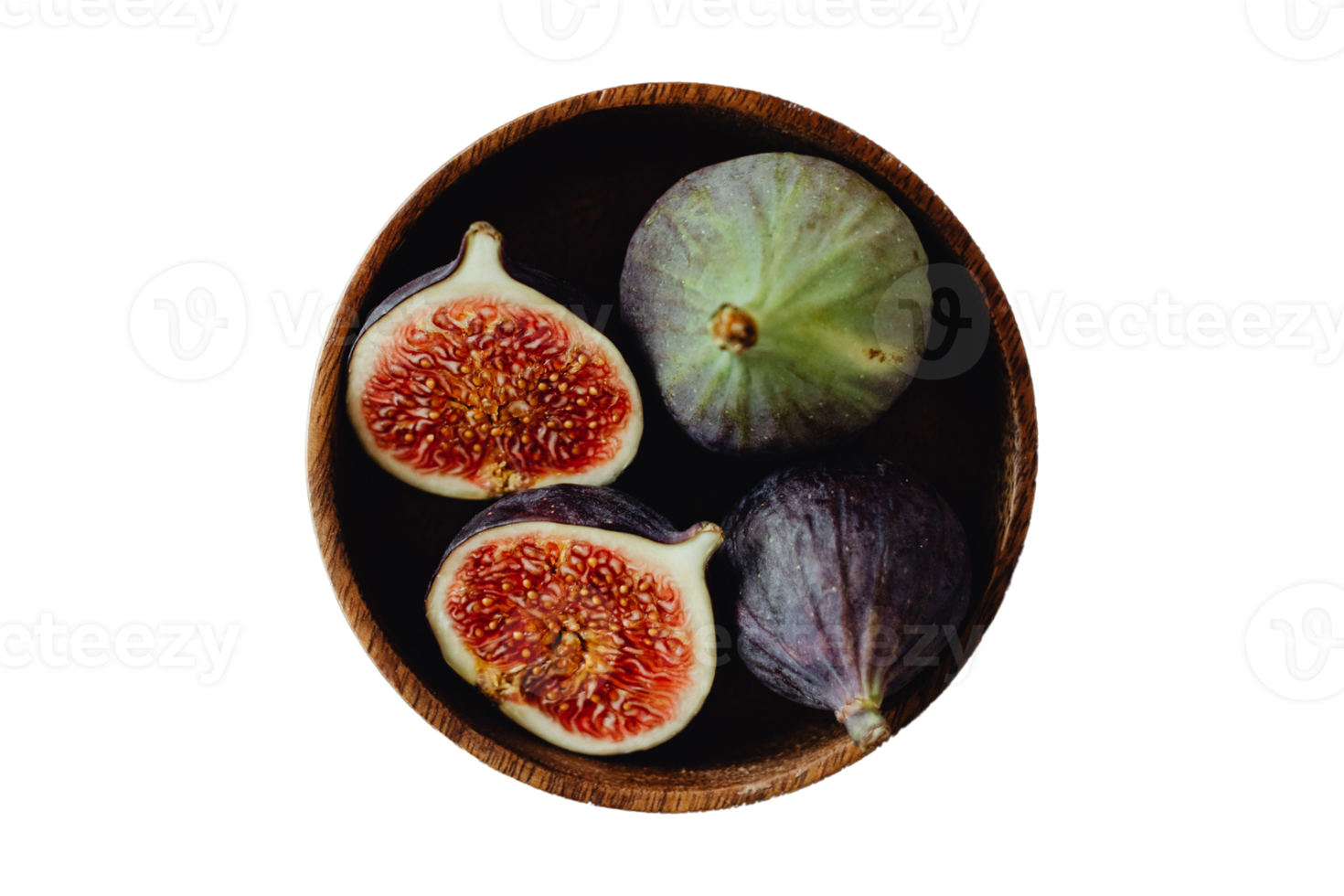 Wooden bowl with figs isolated on a transparent background png