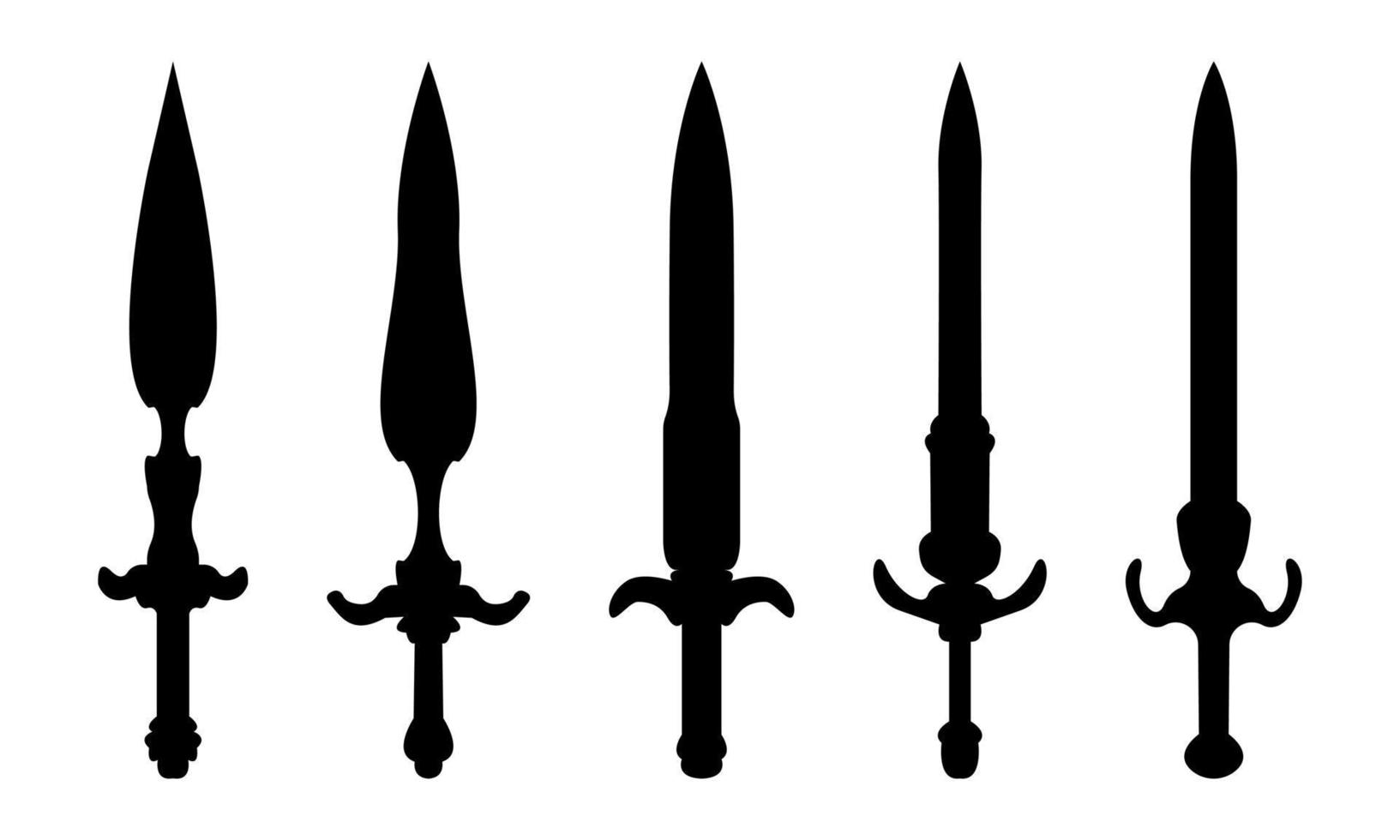 conjunto de cuchillos y dagas en negro silueta en Clásico estilo vector