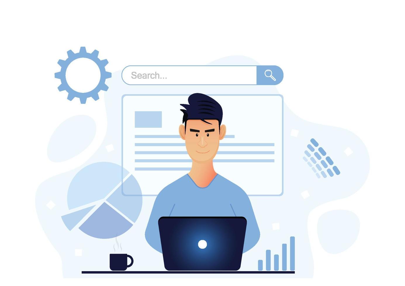 Seo analysis modern flat concept for web banner design. Man analyst data, selects keywords and optimizes site for popular search. Vector illustration.