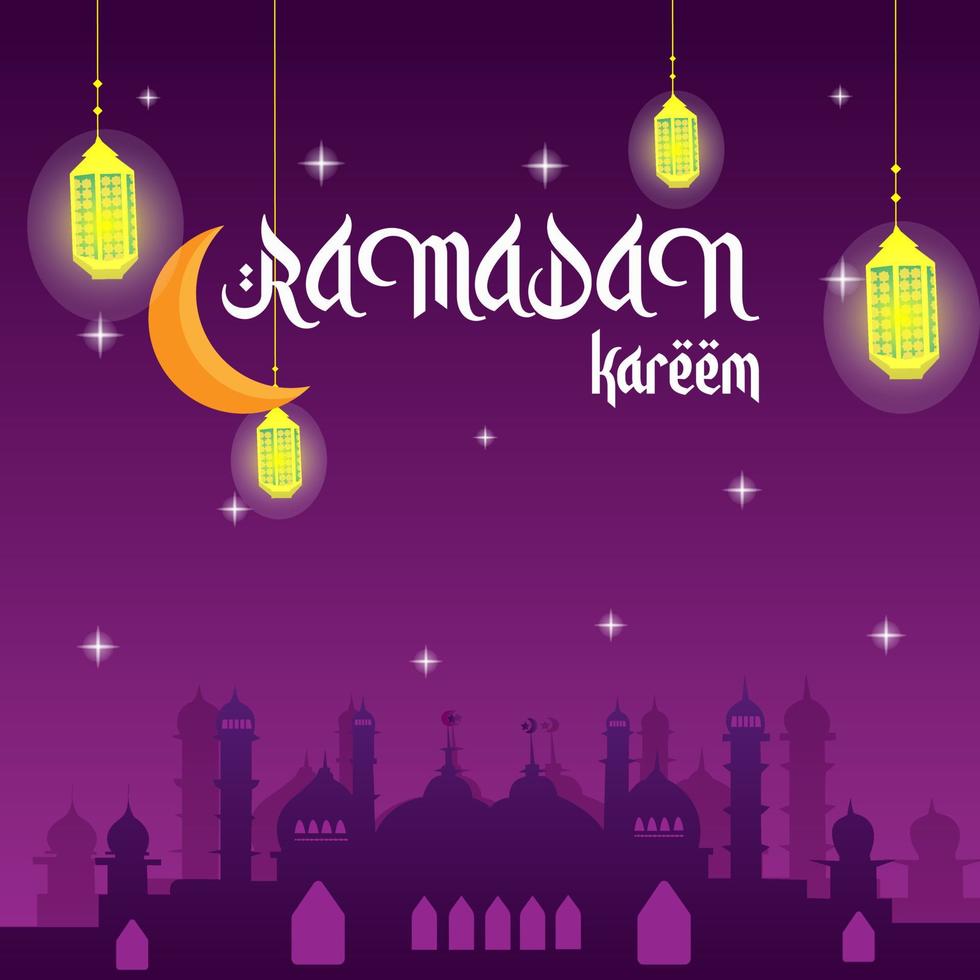 Ramadan kareem poster design with mosque ornaments and lanterns. vector