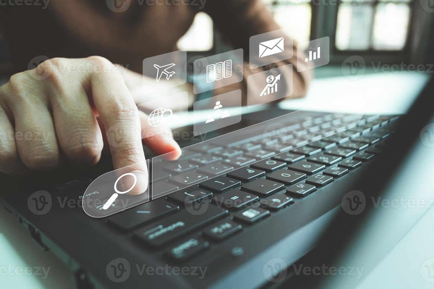 SEO Search engine optimization, Search technology, women's hands using a computer keyboard to search for information, using websites search bar to find the desired information or shopping online. photo