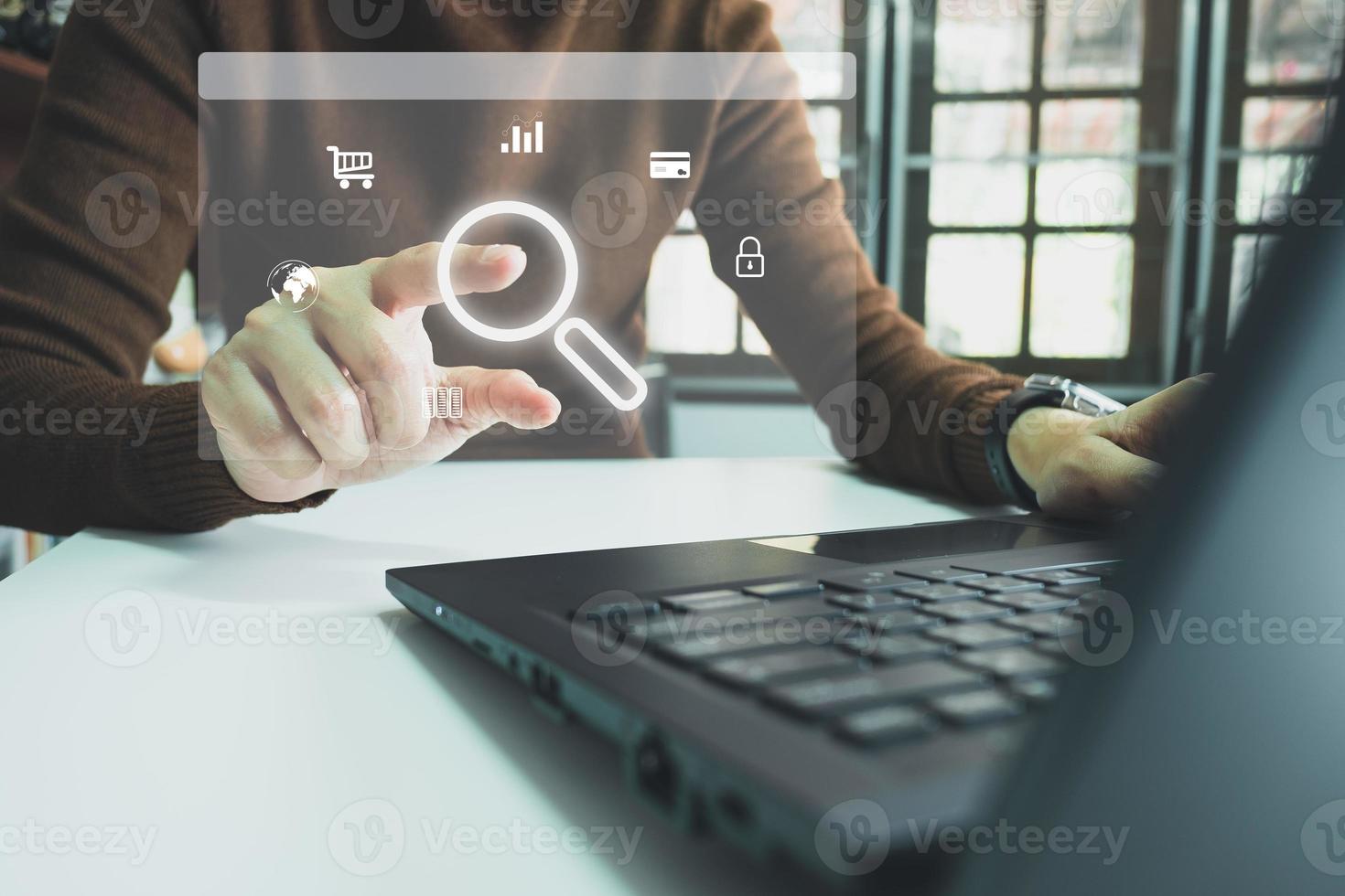 SEO Search engine optimization, Search technology, women's hands using a computer keyboard to search for information, using websites search bar to find the desired information or shopping online. photo