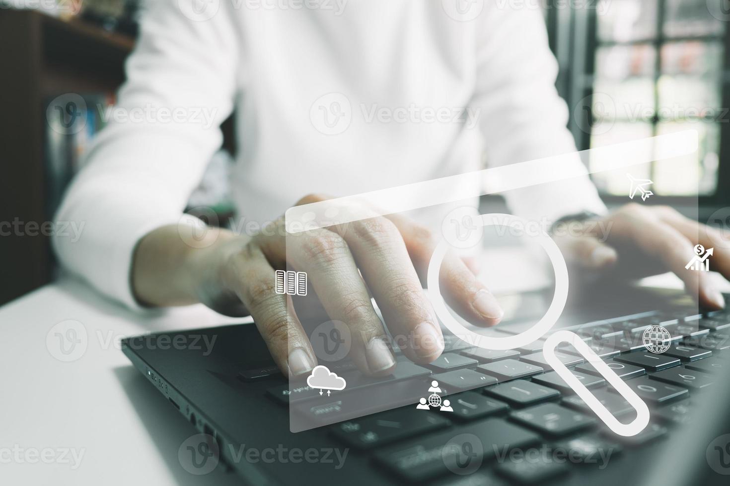 SEO Search engine optimization, Search technology, women's hands using a computer keyboard to search for information, using websites search bar to find the desired information or shopping online. photo