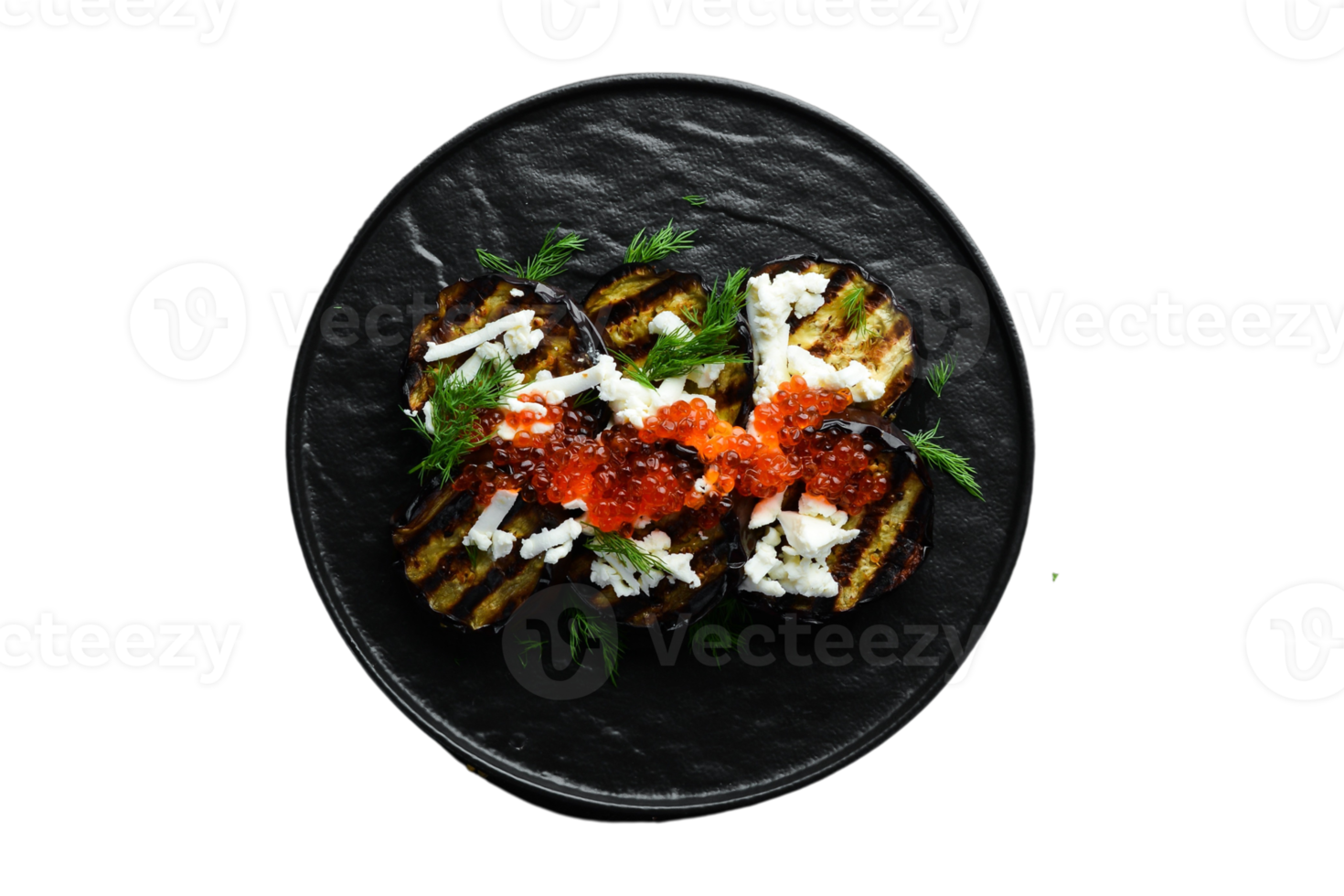 Black plate with roasted vegetables isolated on a transparent background png