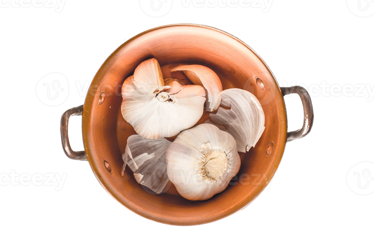Bronze casserole with garlics isolated on a transparent background png