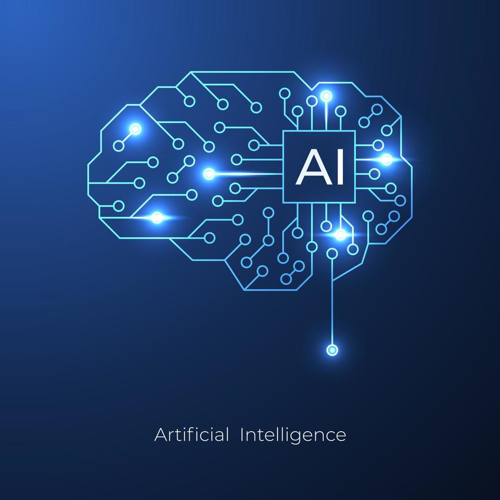 Artificial intelligence with human brain circuit electric background. Digital futuristic big data and machine learning. vector banner art illustration.