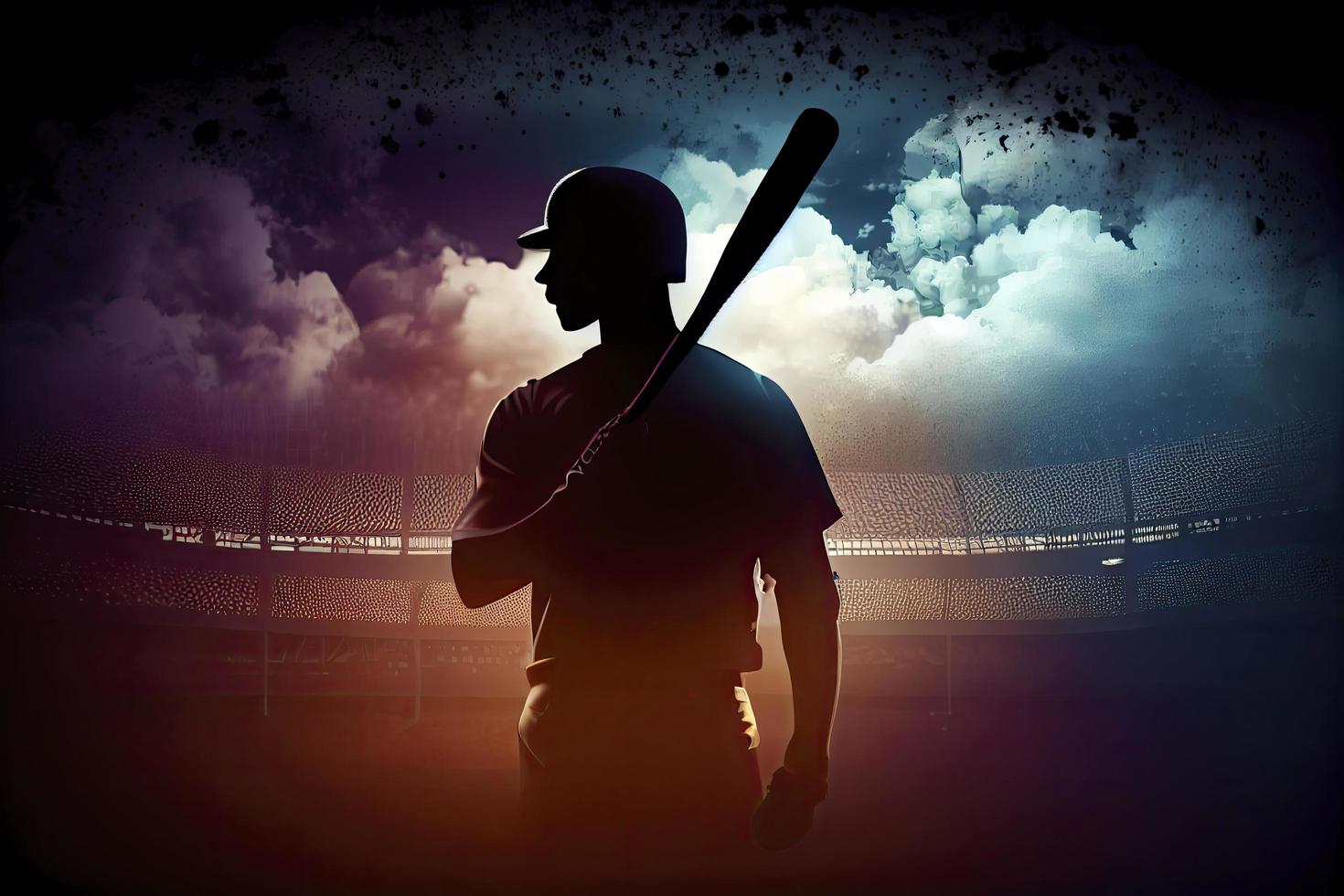 Silhouette, the image of a baseball player with a bat on the background of the stadium photo