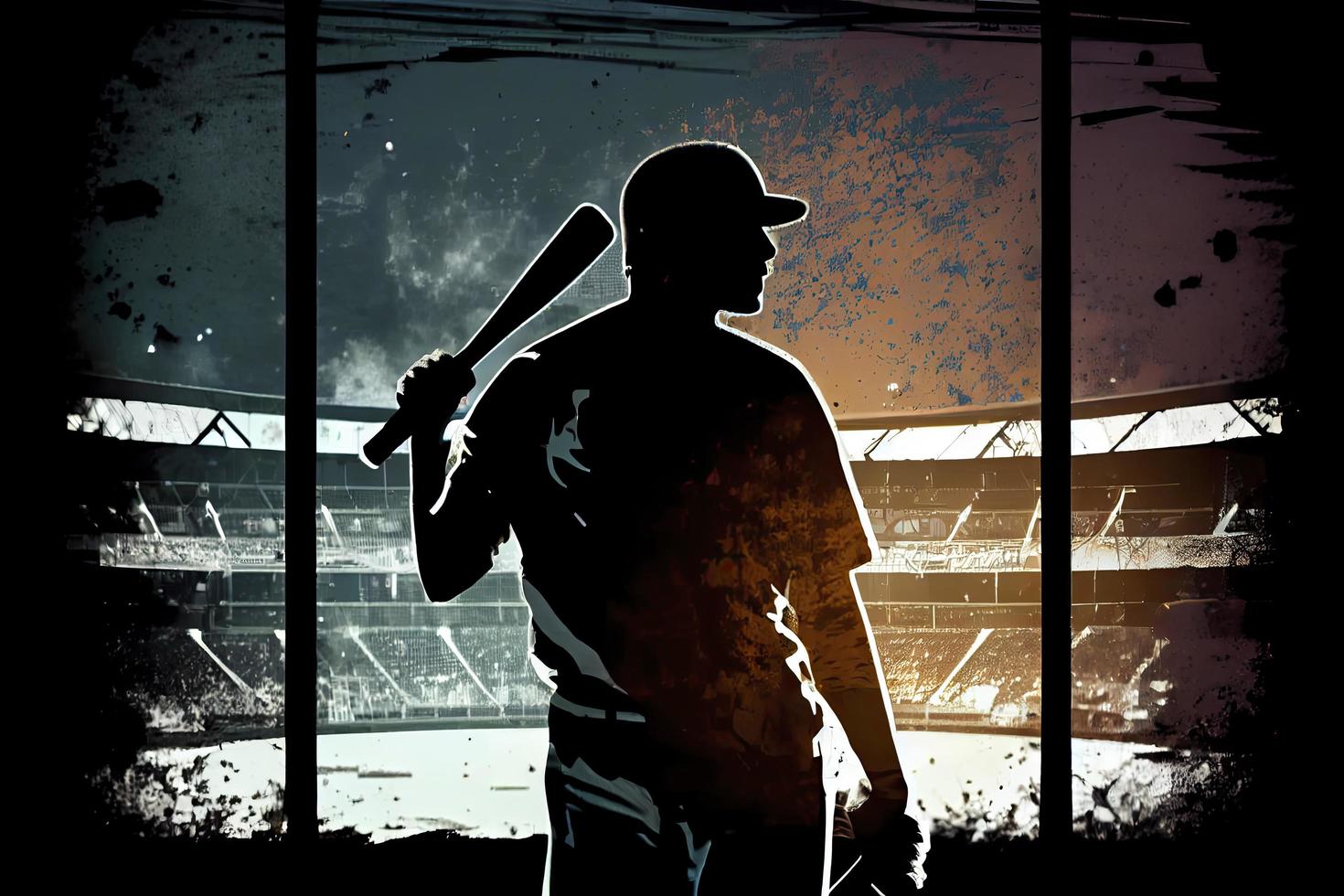 Silhouette, the image of a baseball player with a bat on the background of the stadium photo
