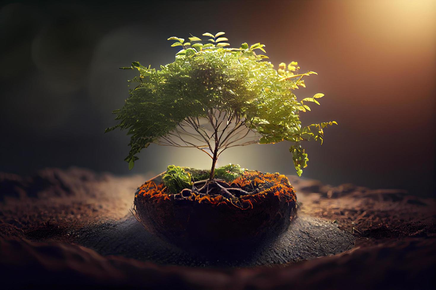 pequeño árbol que crece con sol en el jardín. concepto ecológico foto