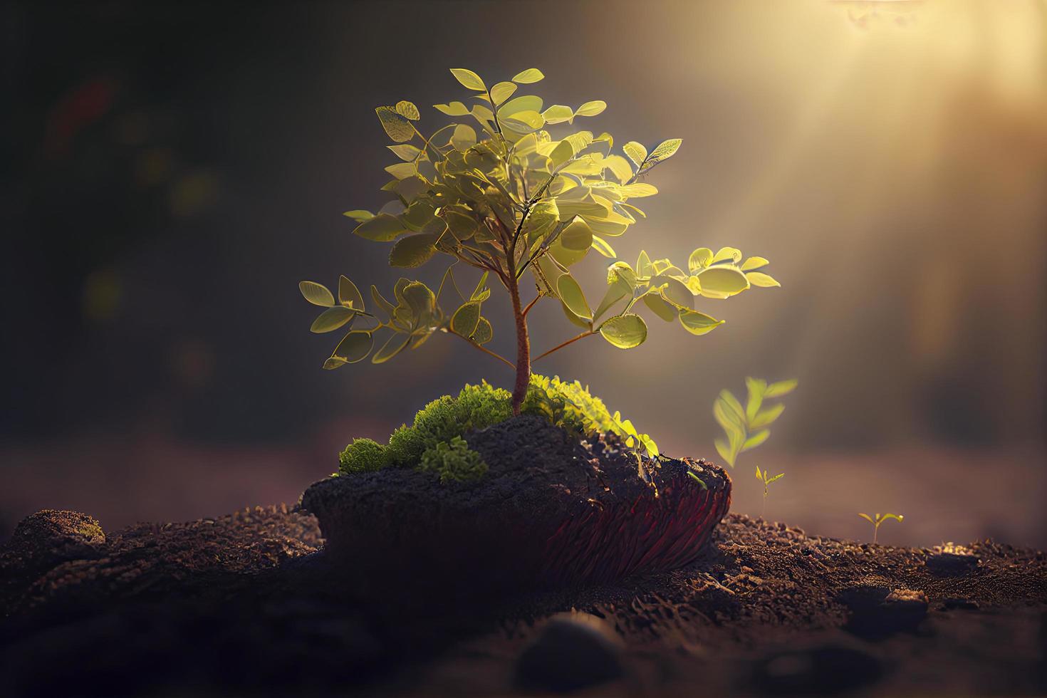 Small tree growing with sunshine in garden. eco concept photo