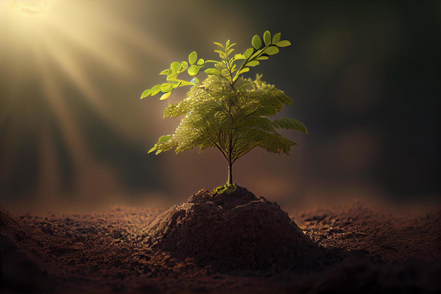 Small tree growing with sunshine in garden. eco concept photo