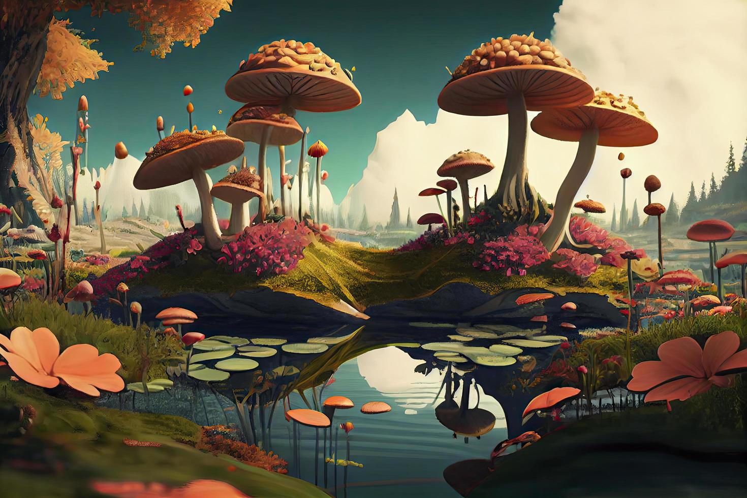 fantastic wonderland landscape with mushrooms, lilies flowers, morpho butterflies and moon photo