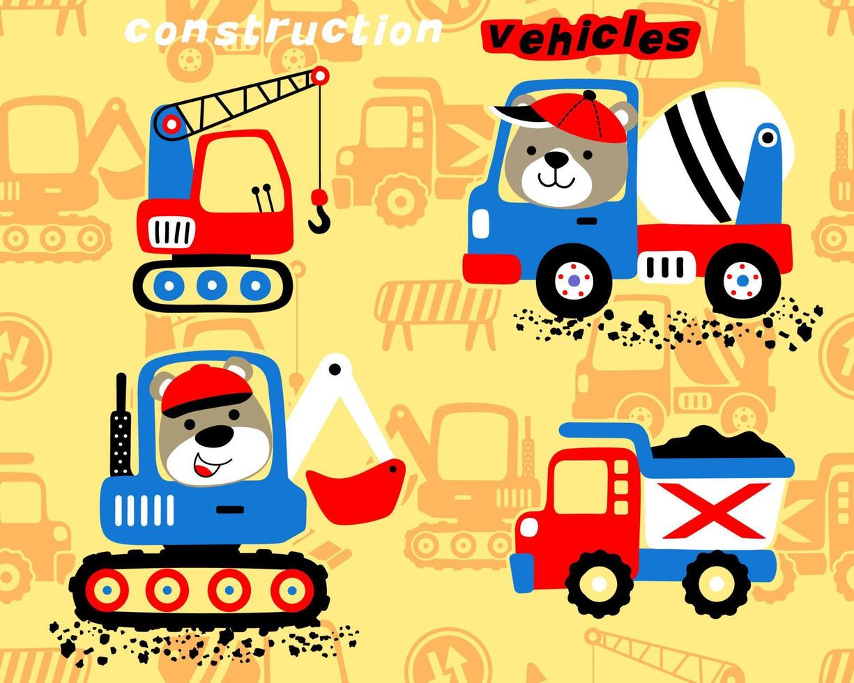 Vector cartoon of funny bear driving construction vehicles on seamless pattern of construction vehicles background