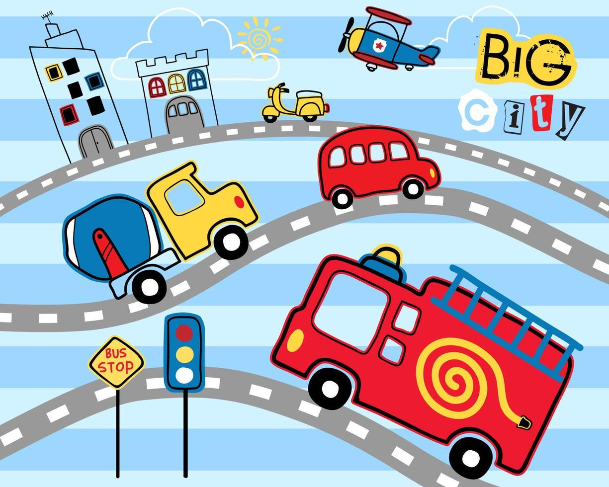 vector ilustración de mano dibujado vehículos dibujos animados en el la carretera con edificios