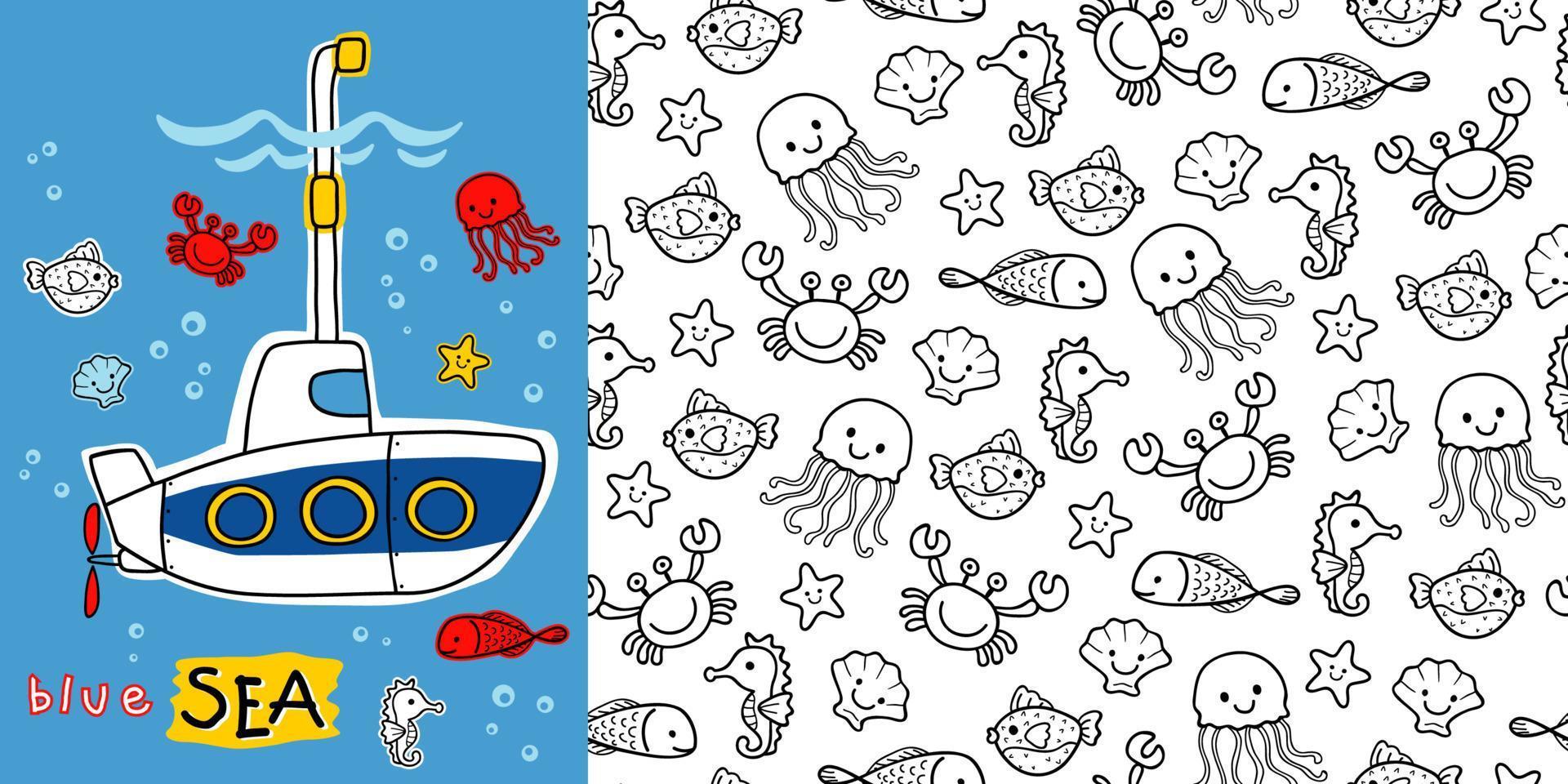 Hand drawn submarine cartoon with marine animals seamless pattern vector