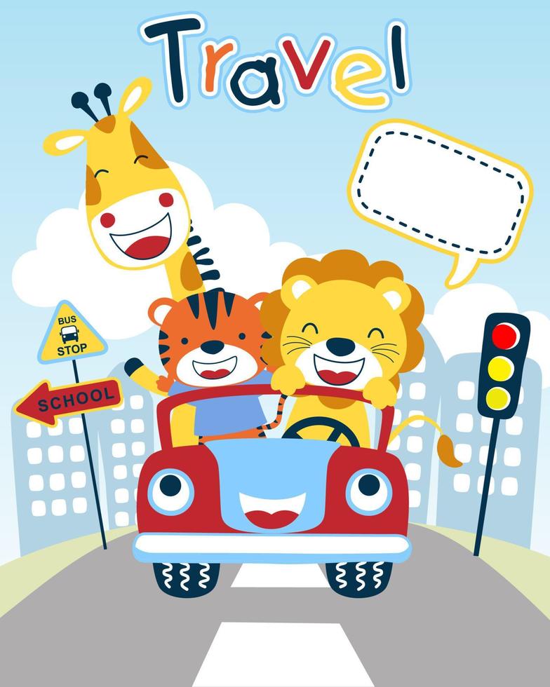Vector illustration of funny animals cartoon on car in city road