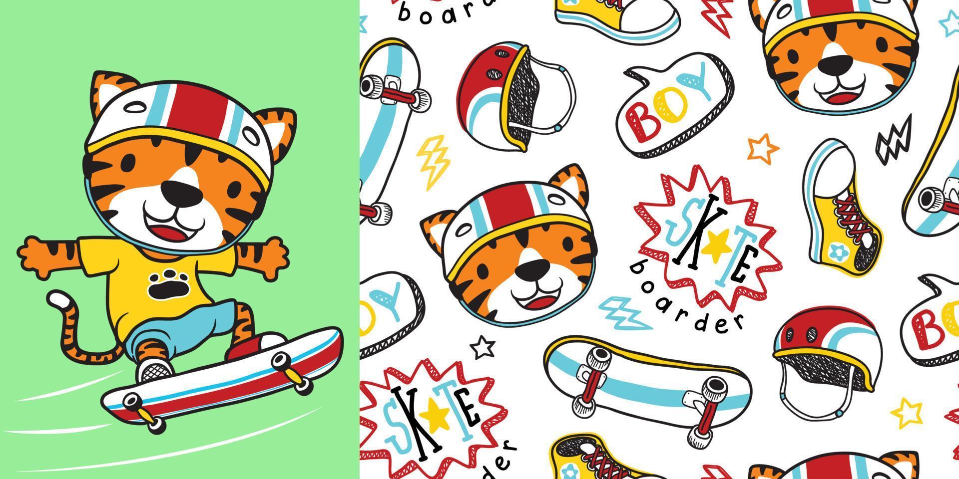 Hand drawn cute tiger cartoon playing skateboard with  seamless pattern skateboard elements vector
