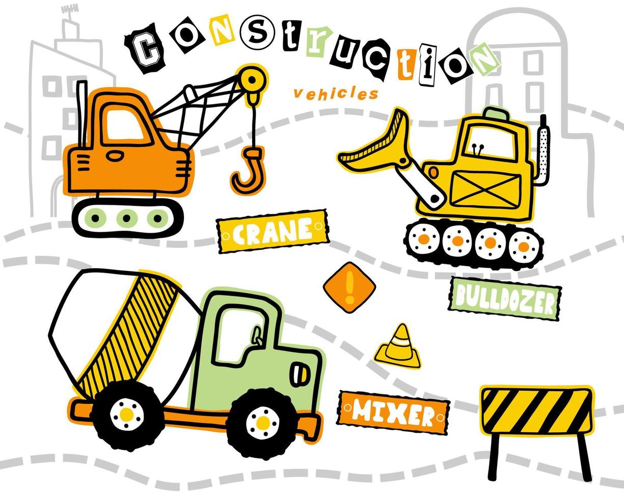 Vector illustration of hand drawn construction vehicles, construction element cartoon