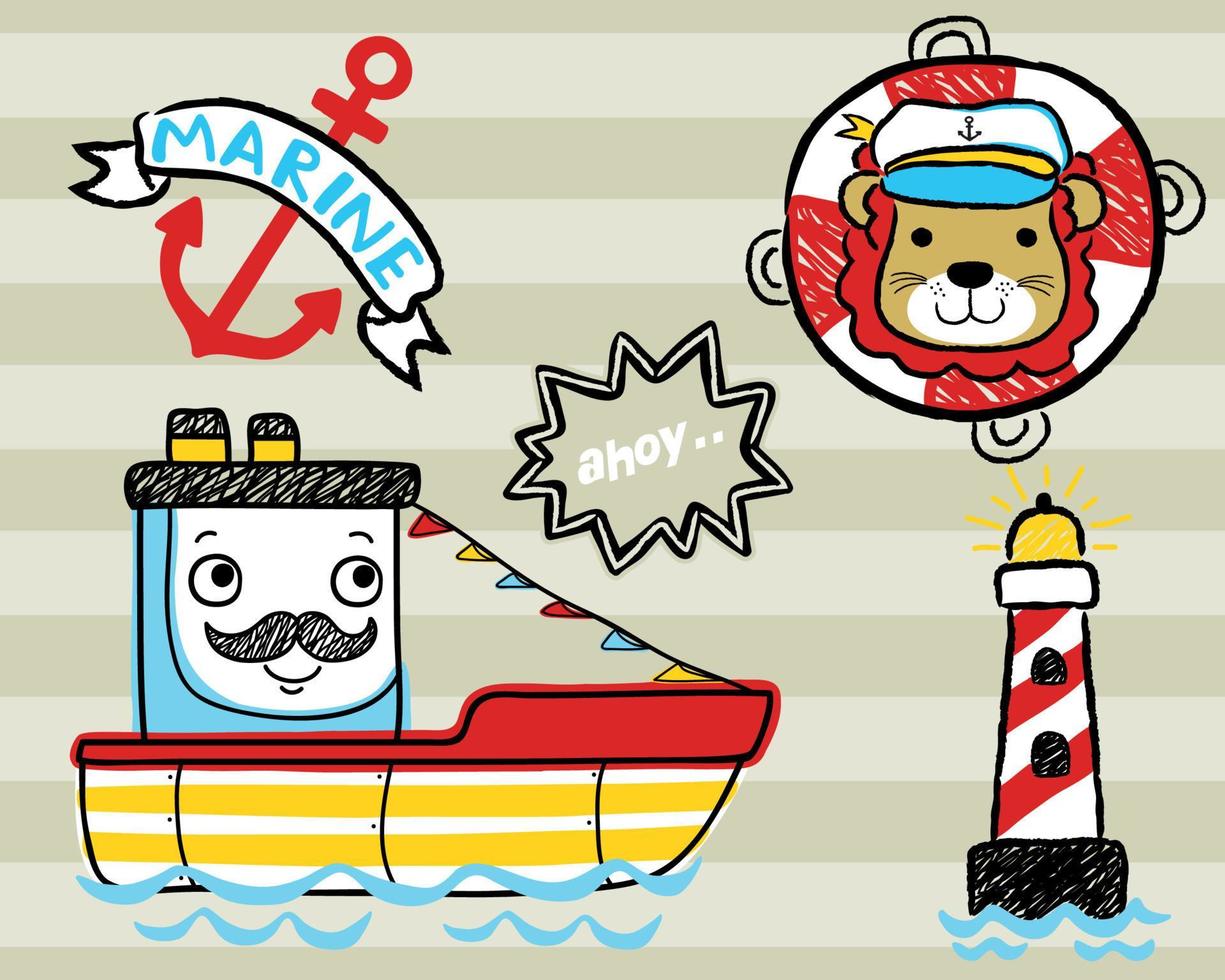 Vector set of hand drawn sailing elements cartoon with funny lion