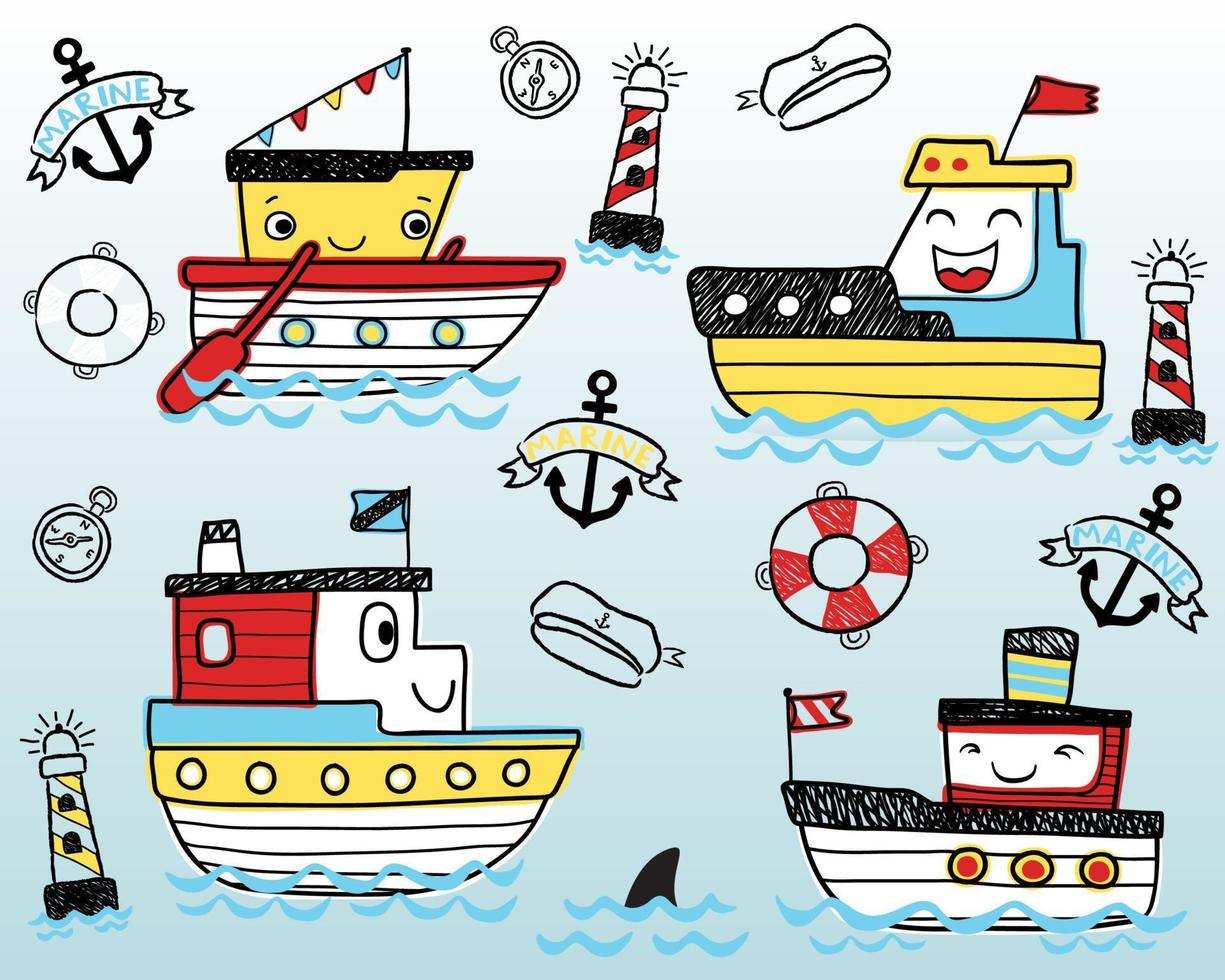 Vector illustration of hand drawn funny boat cartoon with sailing elements cartoon