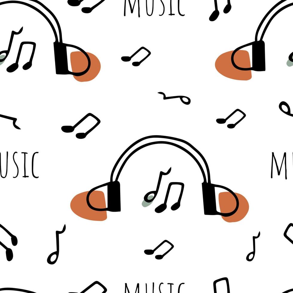 Seamless pattern Doodle headphones for music, notes vector