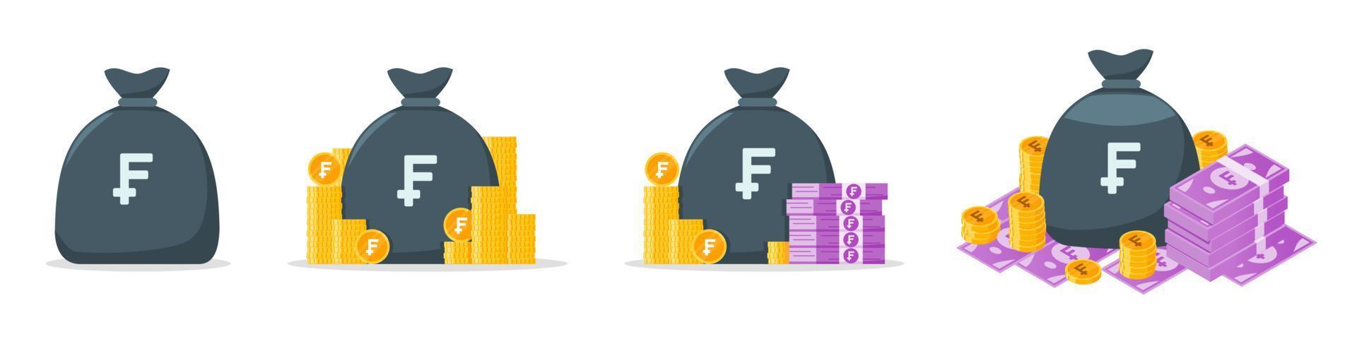 Swiss Franc Money Bag Icon Set vector