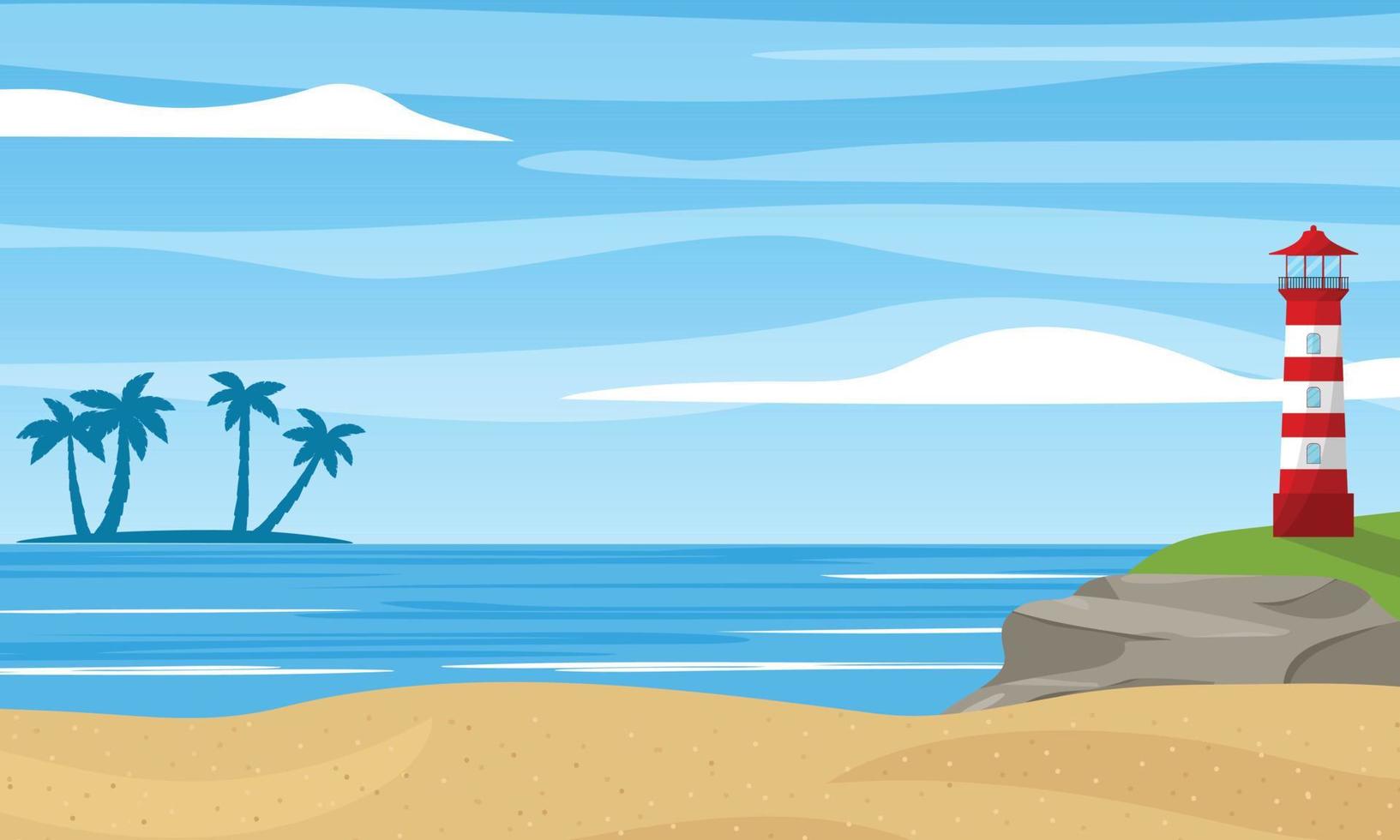Summer landscape with lighthouse and tropical island silhouette. Sea or ocean scene. Vector illustration.