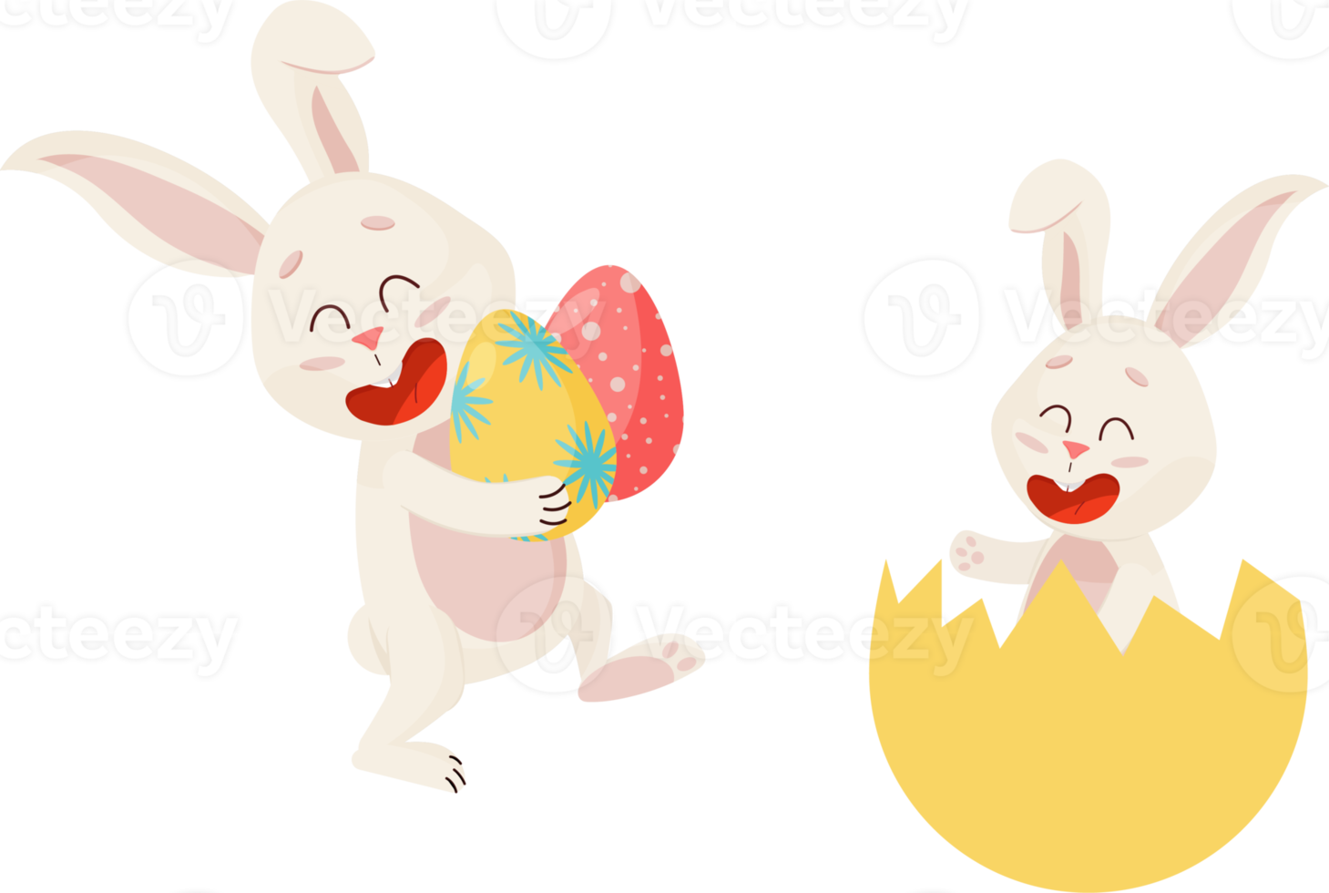 Two Happy Easter Rabbits with Eggs and Broken Shell. PNG