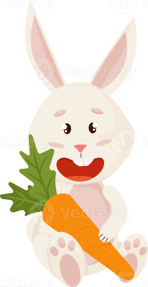 personaje de conejito. sentado y riendo divertido, feliz conejo de dibujos animados de pascua con zanahoria png