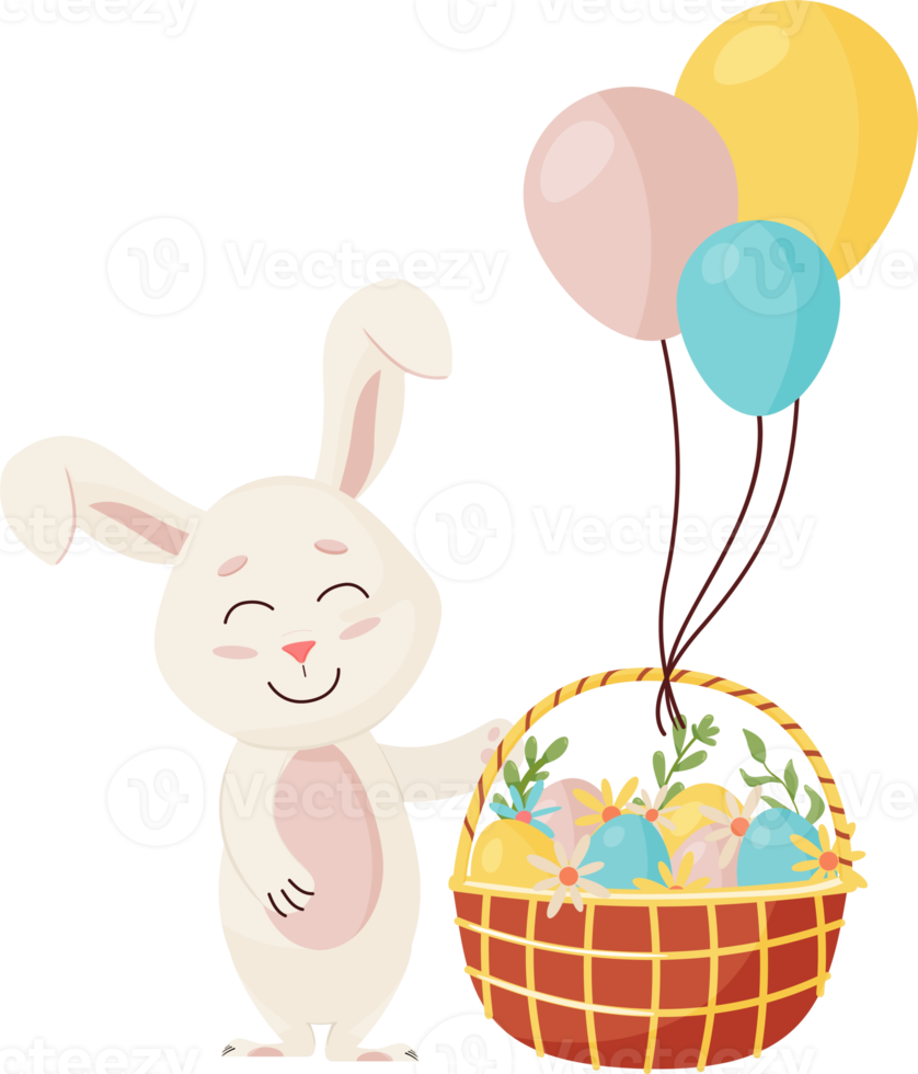 Bunny Character.  Three Balloons Funny, Happy Easter Cartoon Rabbit with Egg's Basket. PNG