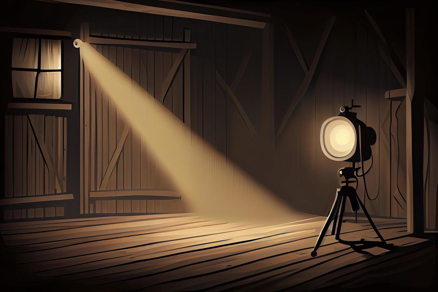 Floodlight spotlight illuminates wooden scene. Vector illustartion photo