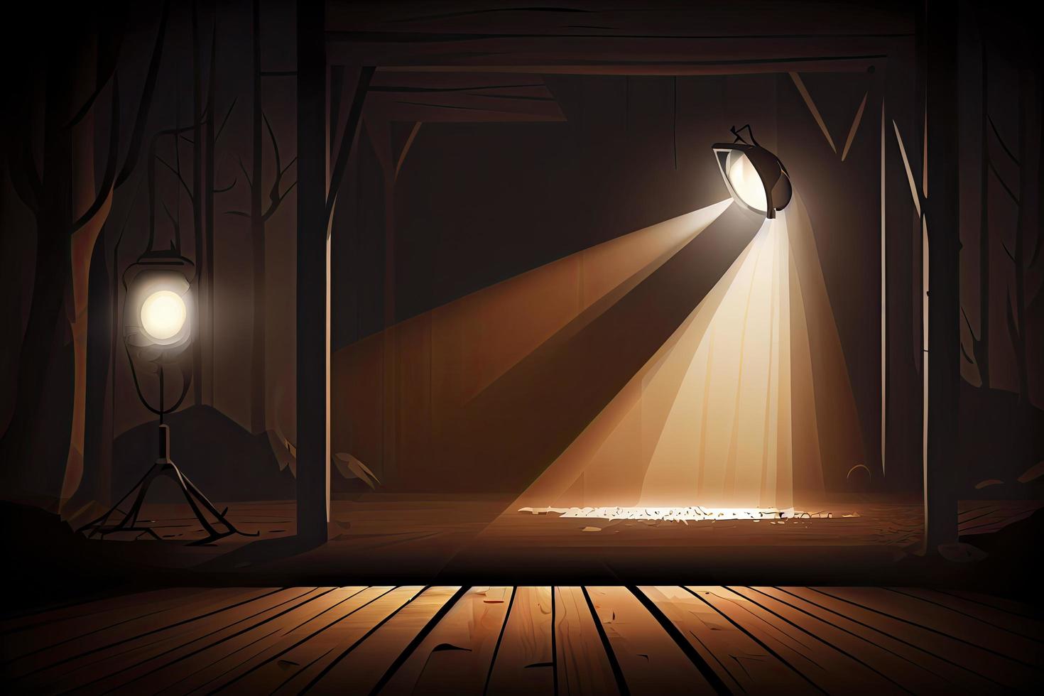 Floodlight spotlight illuminates wooden scene. Vector illustartion photo