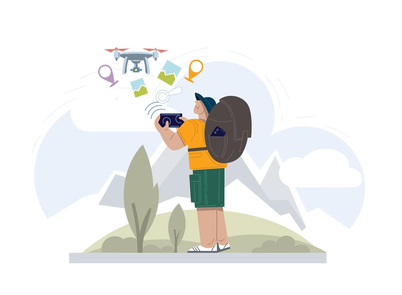 A tourist controls a drone outside the city with mountains in the background. vector