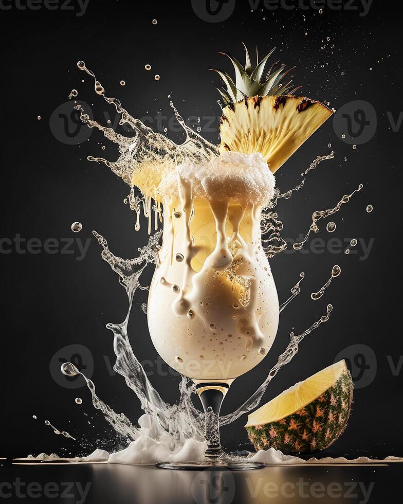 piña colada en negro antecedentes. impresionante cóctel. imagen generado con ai. foto