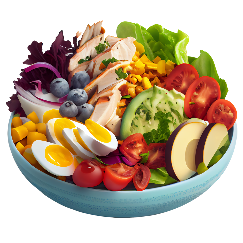 heerlijk cobb salade, cobb salade PNG afbeelding, tomaten, spek, hard gekookt eieren, blauw kaas