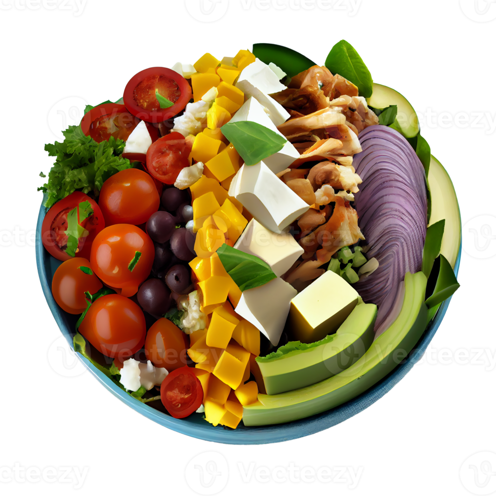 Delicious Cobb Salad, Cobb salad png image, tomatoes, bacon, hard-boiled eggs, blue cheese