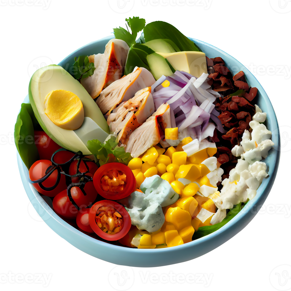 Delicious Cobb Salad, Cobb salad png image, tomatoes, bacon, hard-boiled eggs, blue cheese