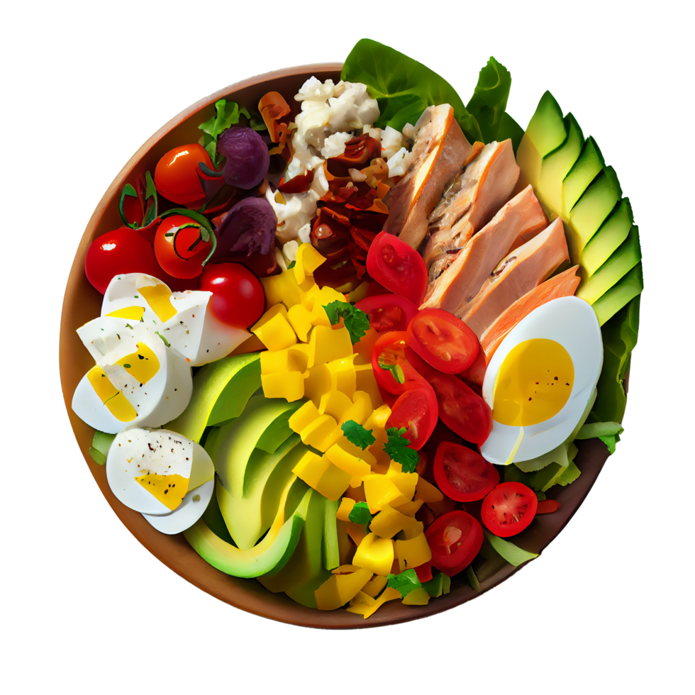 Delicious Cobb Salad, Cobb salad png image, tomatoes, bacon, hard-boiled eggs, blue cheese