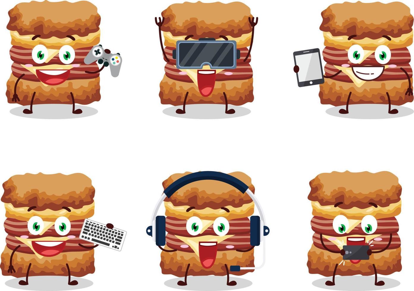 Chicken sandwich cartoon character are playing games with various cute emoticons vector