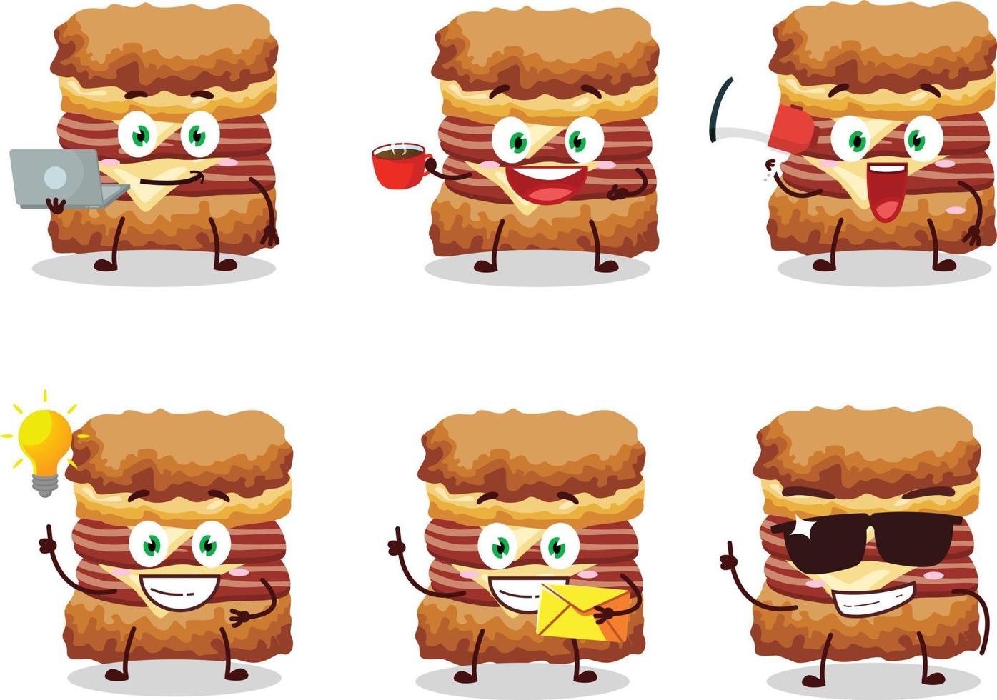 pollo emparedado dibujos animados personaje con varios tipos de negocio emoticones vector