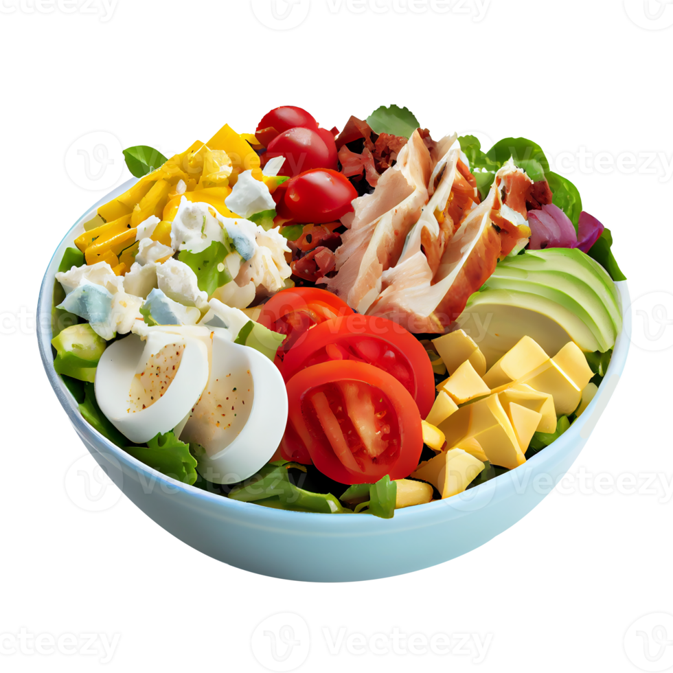 Delicious Cobb Salad, Cobb salad png image, tomatoes, bacon, hard-boiled eggs, blue cheese